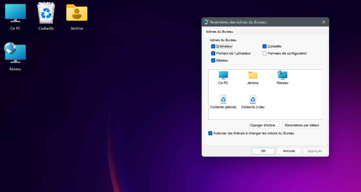 Windows 11 et Paramètres des icones du bureau.